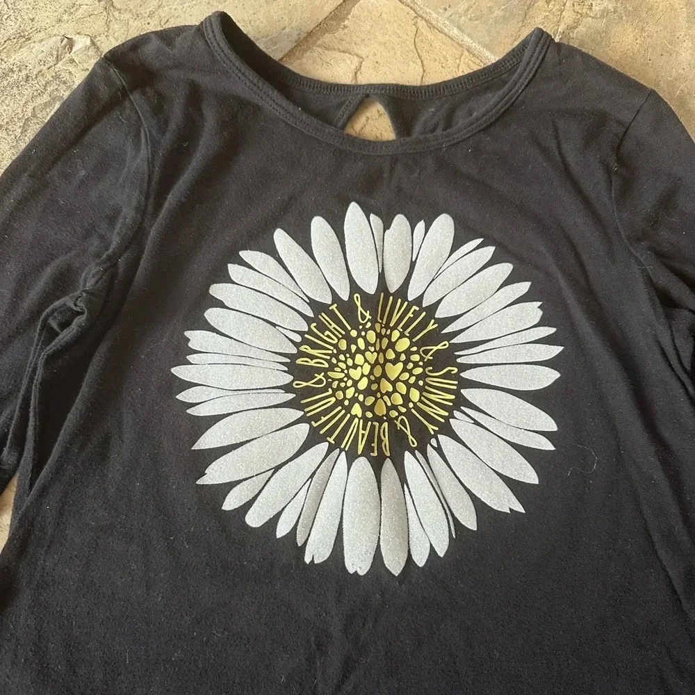 Justice Black Daisy Graphic Long Sleeve Tee Boho Whimsy Girls Size 10